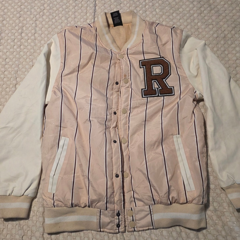 Ring of Fire Varsity Jacket Women Medium Pink Good Pinstripe Letterman Bomber